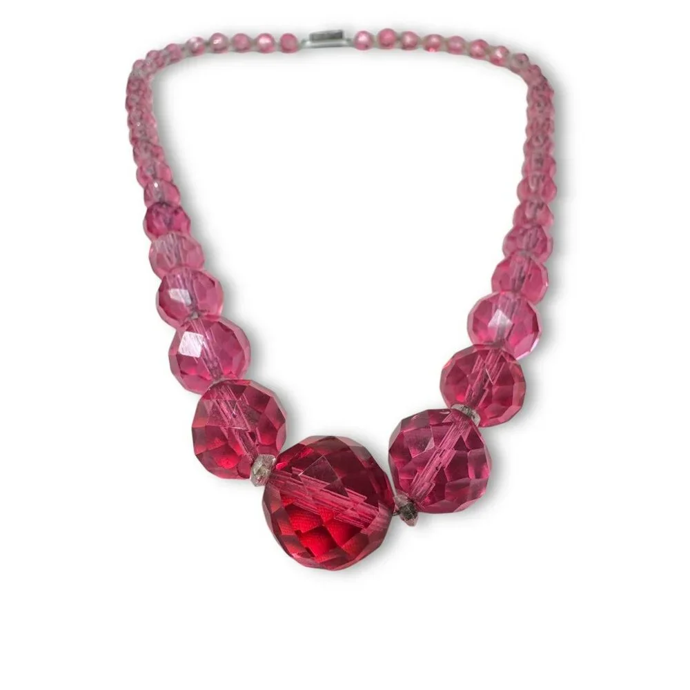 Vintage Pink Faceted Crystal Graduated Beaded Necklace Japan 16.5" Mid-Century - Picture 3 of 10